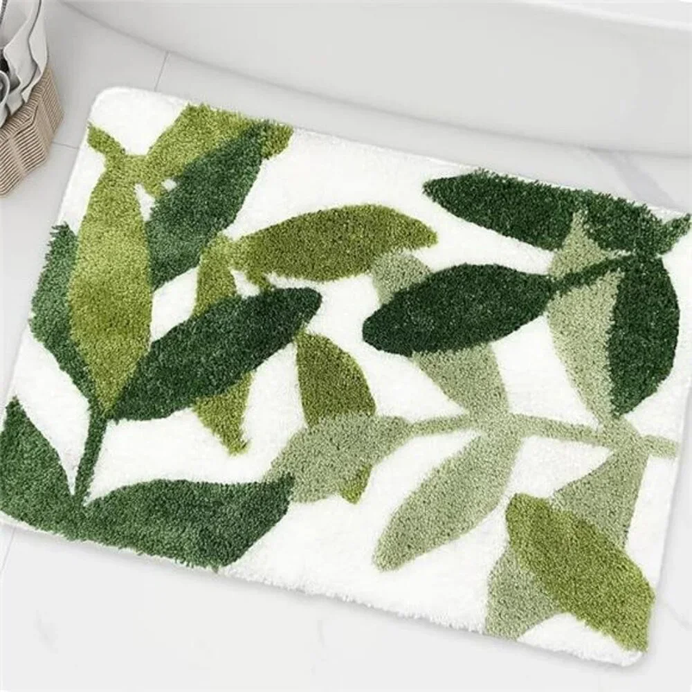 Green leaf bathroom rug non slip absorbent soft washable microfiber bath mat 16x